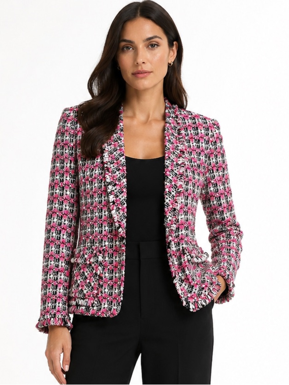St. John Pink Black White Tweed Fringe Trim Blazer Jacket